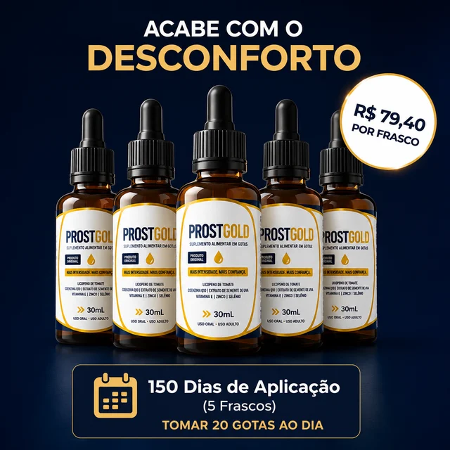 Kit 5 frascos ProstGold — R$ 79,40 por frasco, 150 dias de aplicação